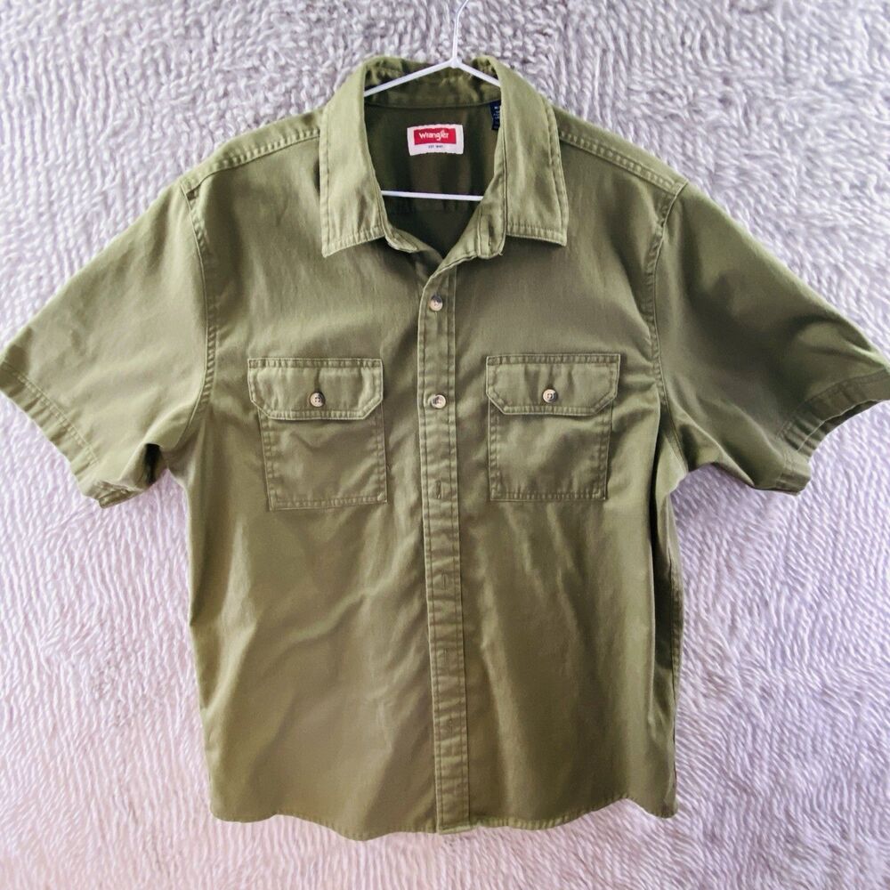 Wrangler Men’s Short Sleeve Button‑Down Shirt Olive Green Medium Casual Western